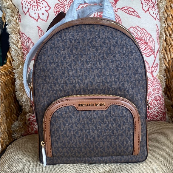 Michael Kors Brown Monogram Backpack with Leather Trim - Picture 1 of 7